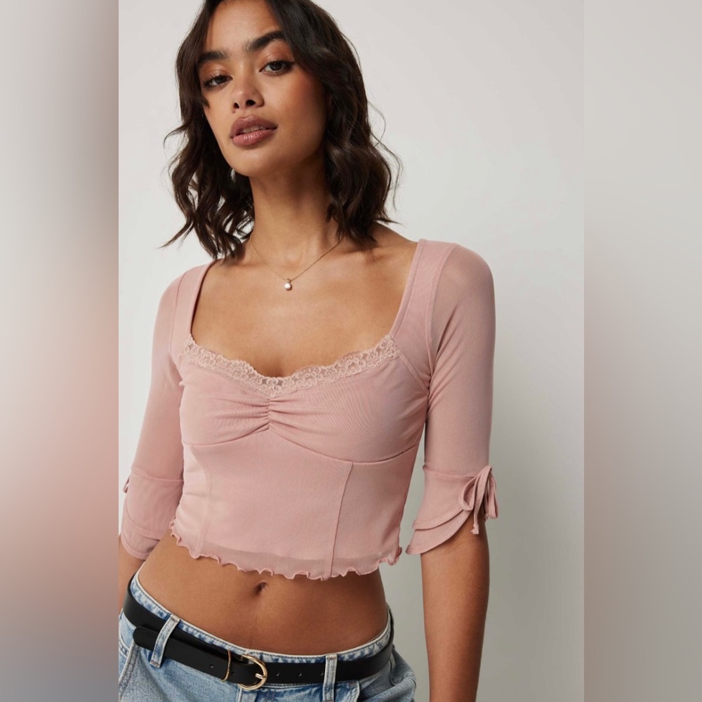 Ardene Pink 3/4 Tiered Sleeve Mesh Bustier Top Size M NWOT